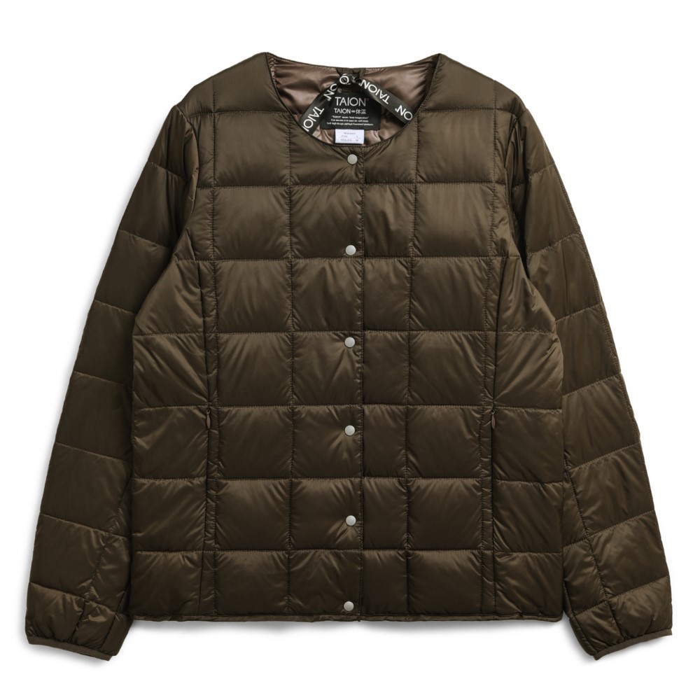 ベーシック クルーネックボタン インナーダウンジャケット / ダークチョコ TAION-W104_112 CREW NECK BUTTON DOWN JKT ウィメンズ|タイオン / TAION