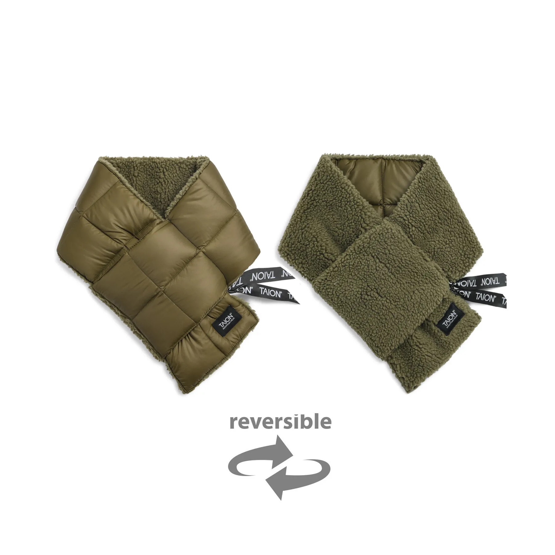 タイオン / TAION（タイオン） | マウンテン リバーシブル ダウン×ボア マフラー（ユニセックス） / TAION－R201MT オリーブ×ダークオリーブ ［25FW］