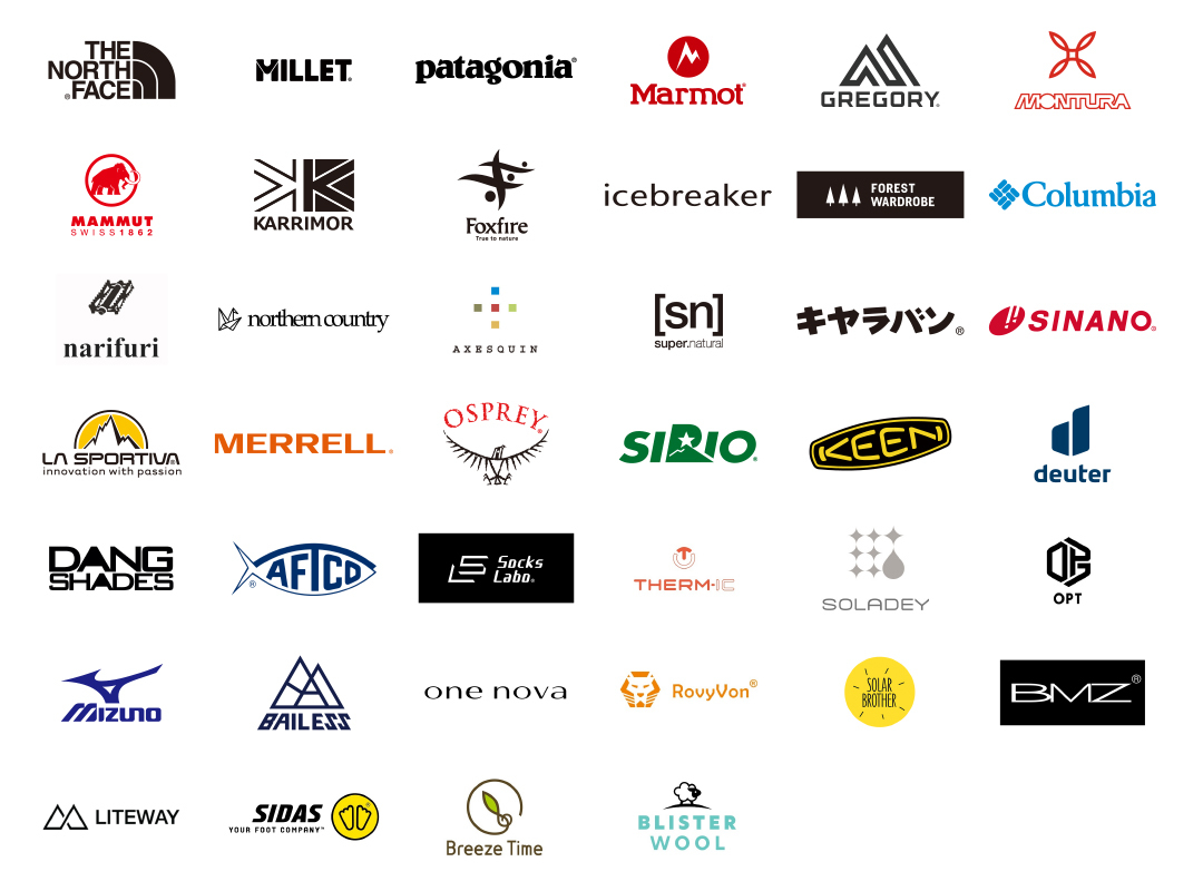 【出店ブランド】THE NORTH FACE/MILLET/patagonia/Marmot/GREGORY/MONTURA/MAMMUT/KARRIMOR/Foxfire/icebreaker/FOREST WARDROBE/SINANO/Columbia/narifuri/northern country/AXESQUIN/super natural/キャラバン/SINANO/LA SPORTIVA/MERRELL/OSPREY/SIRIO/KEEN/deuter/DANG SHADES/AFTCO/Socks Labo/THERMIC/SOLADEY/OPT/Mizuno/BAILESS/one nova/RovyVon/SOLAR BROTHER/BMZ/LITEWAY/SIDAS/Breeze Time/BLISTER WOOL